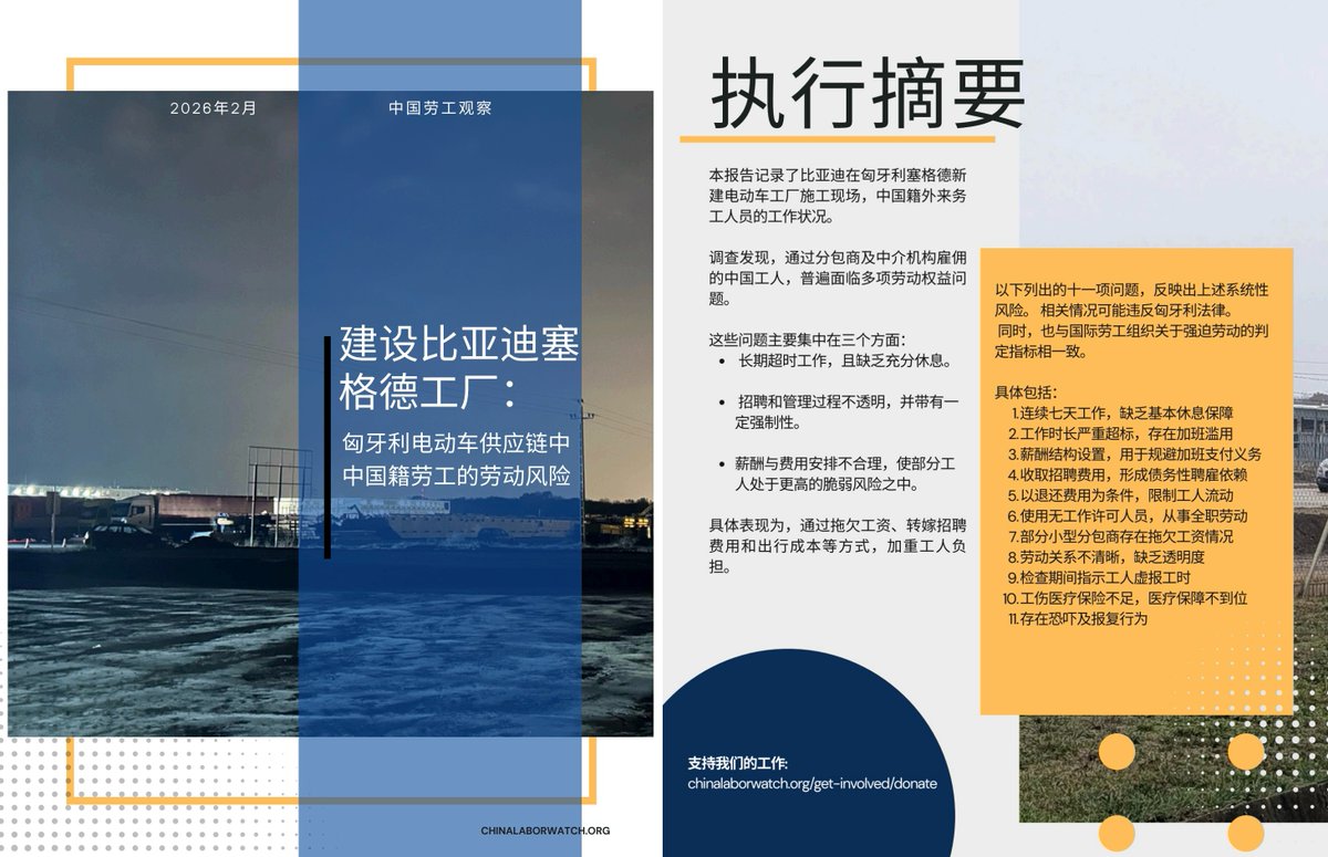 whyyoutouzhele's tweet photo. 近日，“中国劳工观察”发布报告《建设比亚迪塞格德工⼚：匈牙利电动车供应链中中国籍劳工的劳动⻛险》

报告记录了比亚迪在匈⽛利塞格德新建电动⻋⼯⼚施⼯现场，中国籍外来务⼯⼈员的⼯作状况。
调查发现，通过分包商及中介机构雇佣的中国工⼈，普遍⾯临多项劳动权益问题。

这些问题主要集中在三个方面：
长期超时工作，且缺乏充分休息。
招聘和管理过程不透明，并带有一定强制性。
薪酬与费用安排不合理，使部分⼯⼈处于更⾼的脆弱⻛险之中。

具体表现为，通过拖欠⼯资、转嫁招聘费⽤和出⾏成本等⽅式，加重⼯⼈负担。

以下列出的十一项问题，反映出上述系统性风险。相关情况可能违反匈牙利法律。同时，也与国际劳工组织关于强迫劳动的判定指标相一致。

具体包括：
1.连续七天工作，缺乏基本休息保障
2.工作时长严重超标，存在加班滥用
3.薪酬结构设置，用于规避加班支付义务
4.收取招聘费用，形成债务性聘雇依赖
5.以退还费用为条件，限制工人流动
6.使用无工作许可人员，从事全职劳动
7.部分小型分包商存在拖欠工资情况
8.劳动关系不清晰，缺乏透明度
9.检查期间指示工人虚报工时
10.工伤医疗保险不足，医疗保障不到位
11.存在恐吓及报复行为