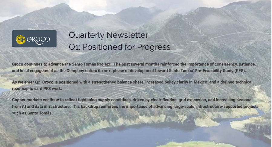 OrocoCorp's tweet image. 🗞️ Our first quarter newsletter is now available.

Q1: Positioned for Progress outlines recent milestones, including Phase 2 drilling, technical advancement, and continued work toward PFS at Santo Tomás.

Read more:
orocoresourcecorp.com/_resources/new…

$OCO $ORRCF #Copper #Mining