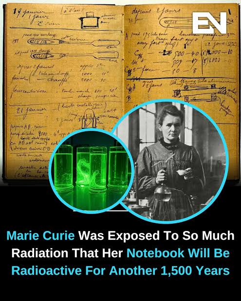 <a href="/CuriosityonX/">Curiosity</a> ☢️ Her notebooks are stored in lead lined boxes in Paris. To view them you sign a liability waiver acknowledging the radiation risk.

She carried test tubes of radioactive isotopes in her coat pockets. She kept radium on her bedside table because she found the glow beautiful.