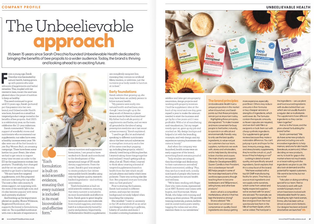 Unbeelievable's tweet image. The buzz🐝on natural supplements based on health from the hive. "Each formulation is built on solid scientific evidence, ensuring that every nutrient is included in its most bioavailable &amp;amp; effective form”. British brand feature in @HFBmagazine
healthfoodbusiness.co.uk/flipbook/hfb-d… #nutrition