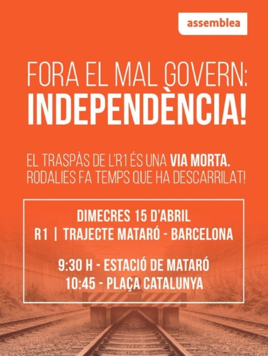 Denunciem l’estafa de Rodalia. Espanya ens ha deixa’t amb trens de 4a. categoria i ara només està posant pegats. 
Vine aquest dimecres a 3/4 d’11h al mig de la Plaça de Catalunya o a l’estació de Mataró a 2/4 de 9h Porta roba fosca. Ens hem de mobilitzar. El país ens cau a sobre.