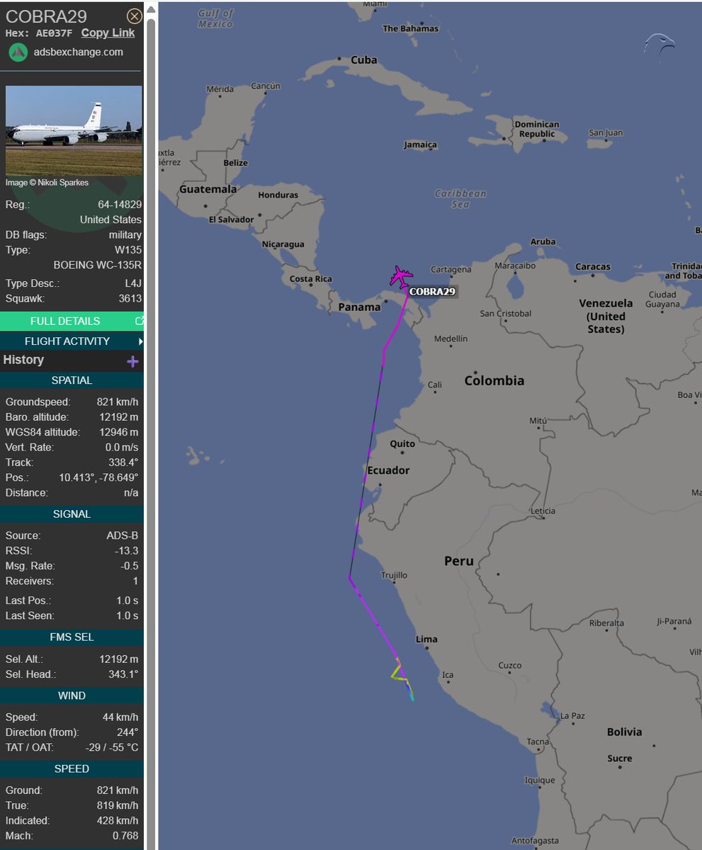 FlconEYES's tweet image. 🚨✈️ COBRA29 | 64-14829 | AE037F | #USAF
 Boeing WC-135R Constant Phoenix (717-148)
t.ly/mnA6G

Impressive ISR mission off the waters of #Lima, #Peru 🌊🇵🇪

A very sensitive area, increasingly pressured by the presence of Chinese fishing militia vessels 🎣🇨🇳

This