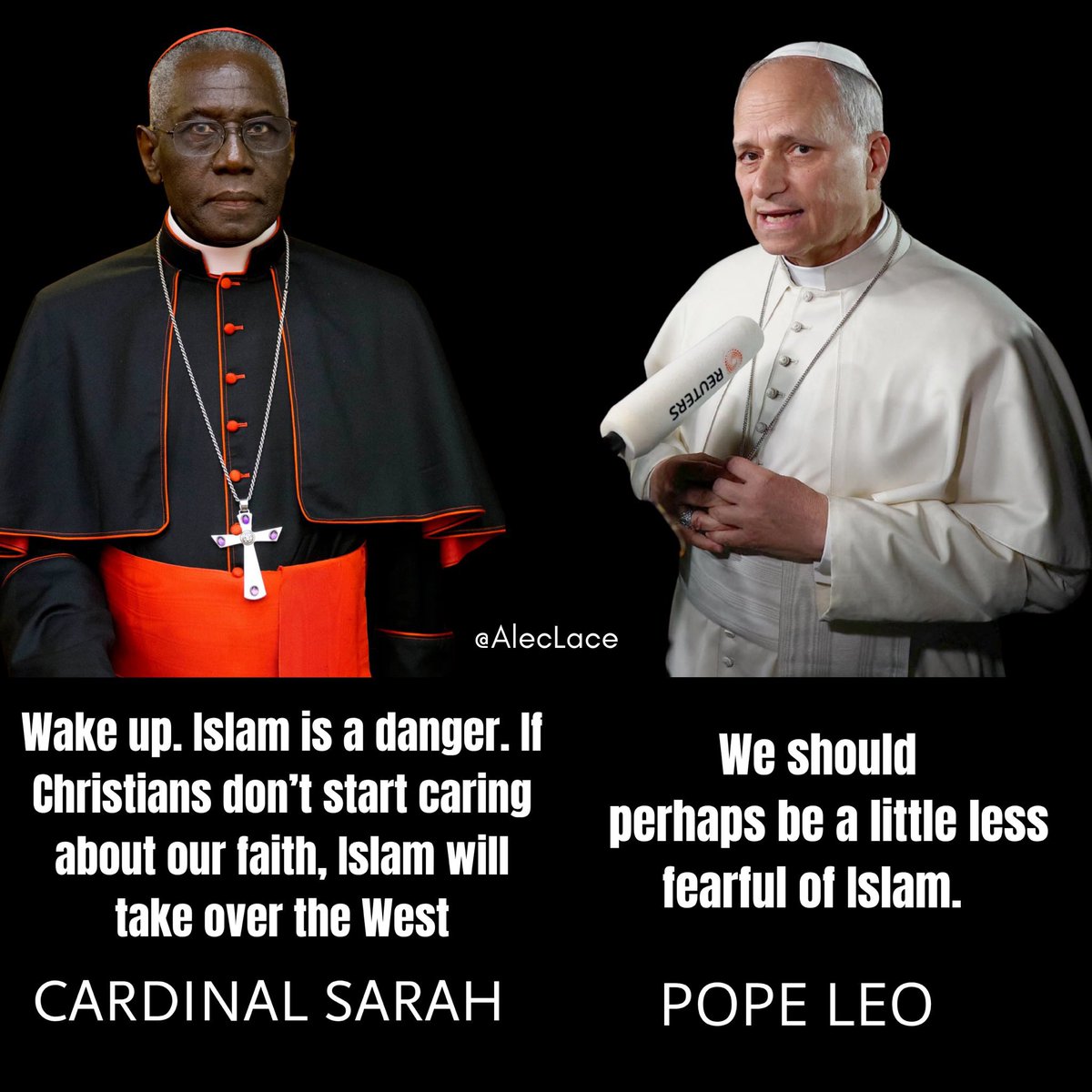 Mira la diferencia del color de la línea de pensamientos

Cardenal Sarah:

«Despierten. El islam es un peligro. Si los cristianos no empiezan a preocuparse por nuestra fe, el islam tomará el control de Occidente. Impondrán sus leyes y cultura»

Papa León:

«Quizás deberíamos