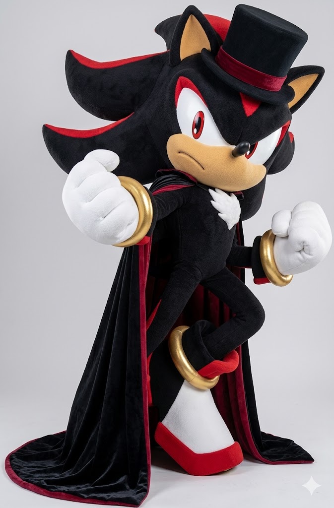 ChaoemperorC's tweet image. Hero or Villain? You decide by the looks of his flowing black/red cape and top hat! Shadow the Hedgehog mascot costume created using AI tools.

#shadow #hedgehog #sega #mascot #mascotcostume #cosplay #fursuit #cape #cloak #tophat