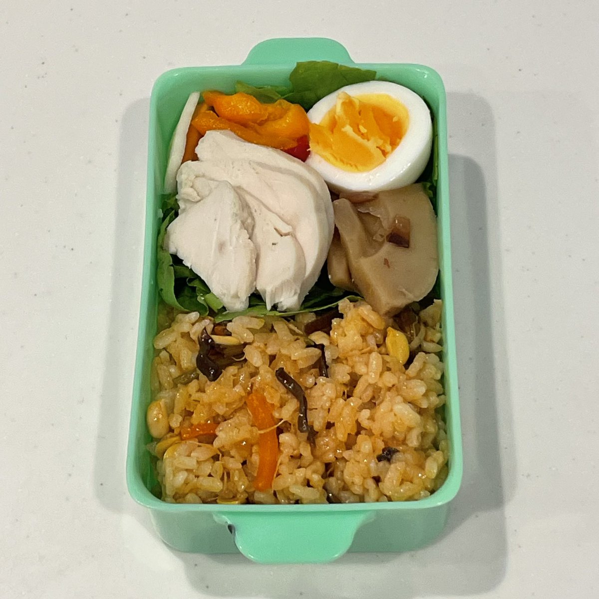 #お弁当記録
・レタス🥬
・ピクルス
・茹で卵
・筍煮
・鶏ハム
・ビビンバご飯

折り返しの水曜日，ファイト‼️

#お弁当　
#地味弁当　
#お弁当作り楽しもう部
#お弁当日記