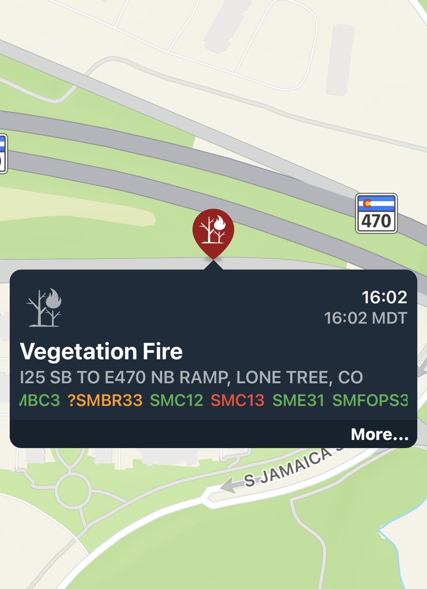 SMFR and <a href="/CityofLoneTree/">City of Lone Tree</a> Police are responding to a vegetation fire near the I-25 southbound off-ramp to the northbound E470 interchange.  Please use caution in the area.