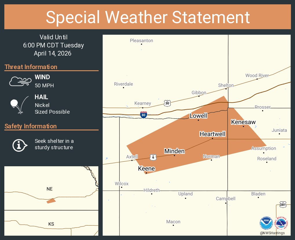 A special weather statement has been issued for Minden NE, Kenesaw NE and  Heartwell NE until 6:00 PM CDT