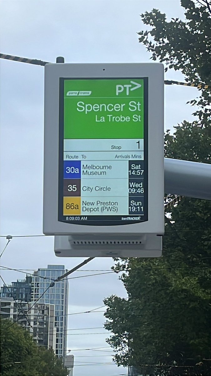 DanSpotswood's tweet photo. @yarratrams hello friends. The PID down at stop 1 is a bit funky. In case you don’t already know, it isn’t showing real time information for route 30 trams. https://t.co/MGLaSpX5z6