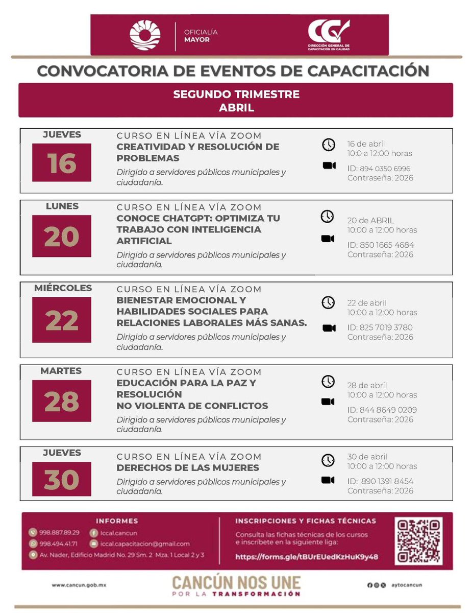 Aprovecha la Convocatoria de Cursos de Capacitación, que emite el Instituto de Capacitación en Calidad del H. Ayuntamiento de Benito Juárez, programados a realizarse en el mes de Abril 2026. <a href="/AytoCancun/">Ayto Benito Juárez</a> <a href="/ICCAL_CANCUN/">Dirección General de Capacitación en Calidad</a>
