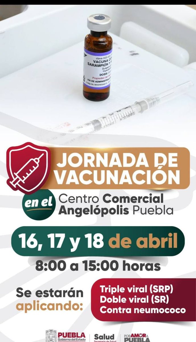 AlcanceDiario's tweet image. #Entérate 📢Este próximo 16,17 y 18 de abril habrá una jornada de vacunación en el Centro Comercial #Angelópolis, donde se aplicarán vacunas triple viral (SRP), doble viral (SR) y dosis contra el Neumococo💉😷.
⏰Podrás acudir en un horario de 8:00 am a 15:00 pm.