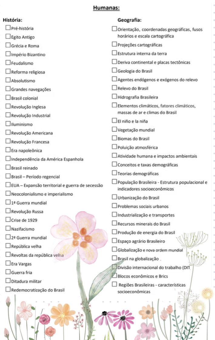 studybelas's tweet image. oi amores, to vendo bastante gente querendo estudar por questões e por “frentes” de matérias. então estou disponibilizando um checklist por frentes de todas as matérias do enem, compartilhem com quem precisar por favor💓