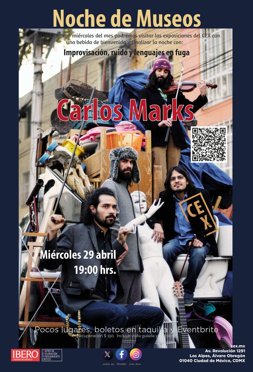 🎻🔥 Este miércoles, la Noche de Museos en <a href="/elCeX_mx/">CEX</a> suena a improvisación radical con Carlos Marks.

Habrá visita a exposiciones, bebida de bienvenida y recital.

📅 29 de abril
🕖 19:00 h
🎟️ Pocos lugares | Taquilla y Eventbrite
💸 $150