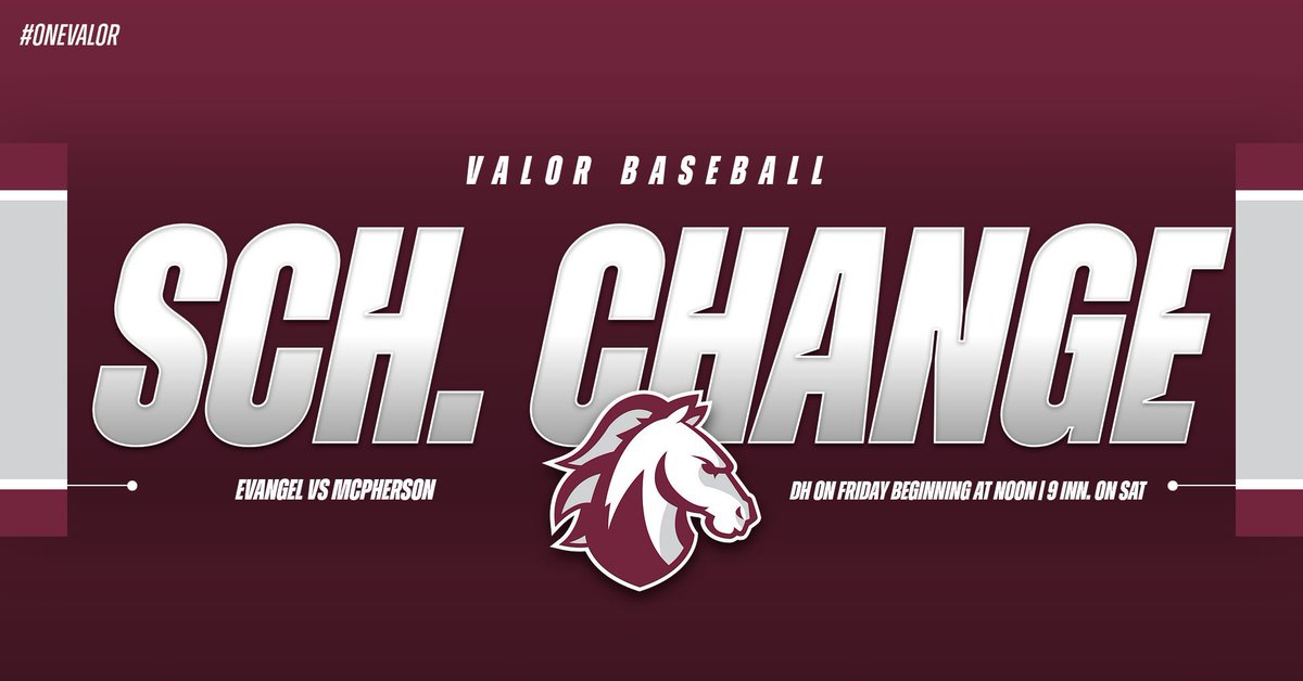 EU_Baseball's tweet photo. π¨SCHEDULE CHANGEπ¨
This weekendβs matchup with McPherson has switched to a doubleheader on Friday, beginning at noon, and wrapping up with a single nine inning matchup on Saturday at noon!
#OneValor https://t.co/daqMKOGQzg