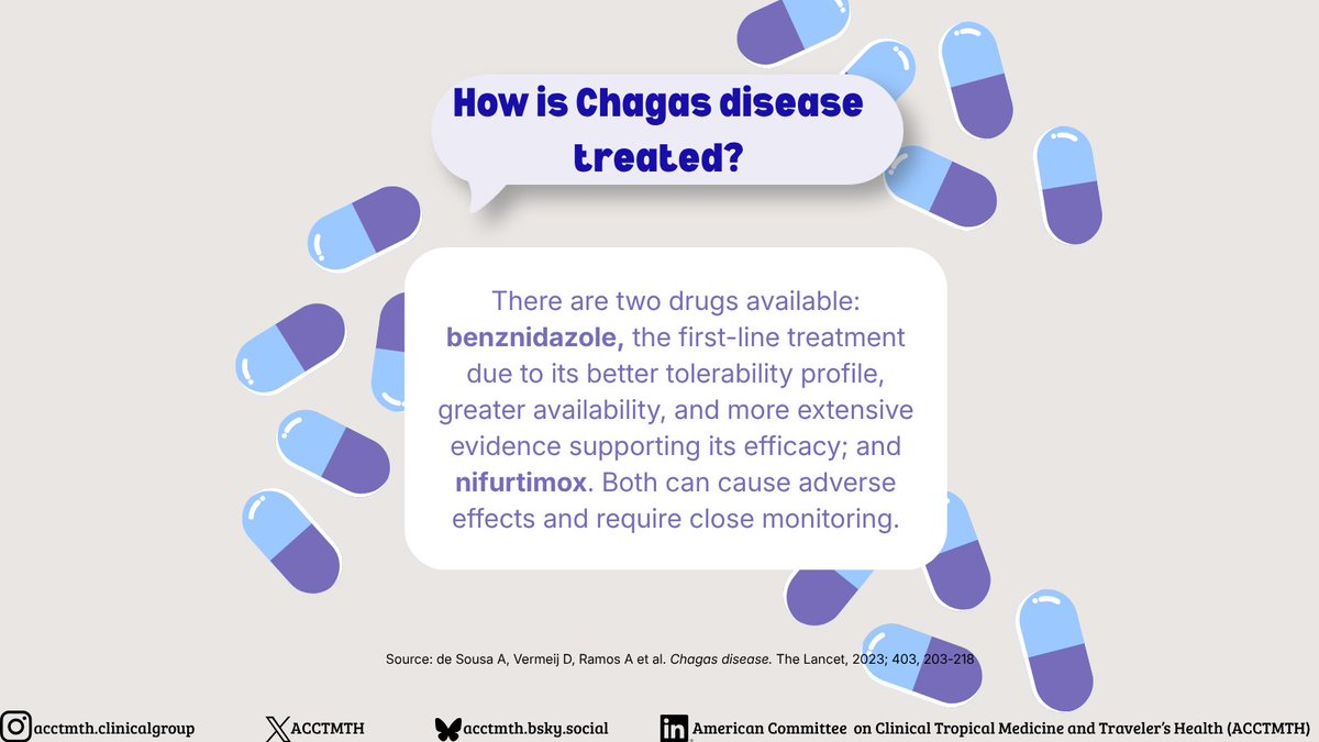 ACCTMTH's tweet image. 💊 Effective treatment options are available.

• Benznidazole (first-line)
• Nifurtimox

Both drugs are effective, although treatment requires monitoring due to potential adverse effects.

#Treatment #NTDs