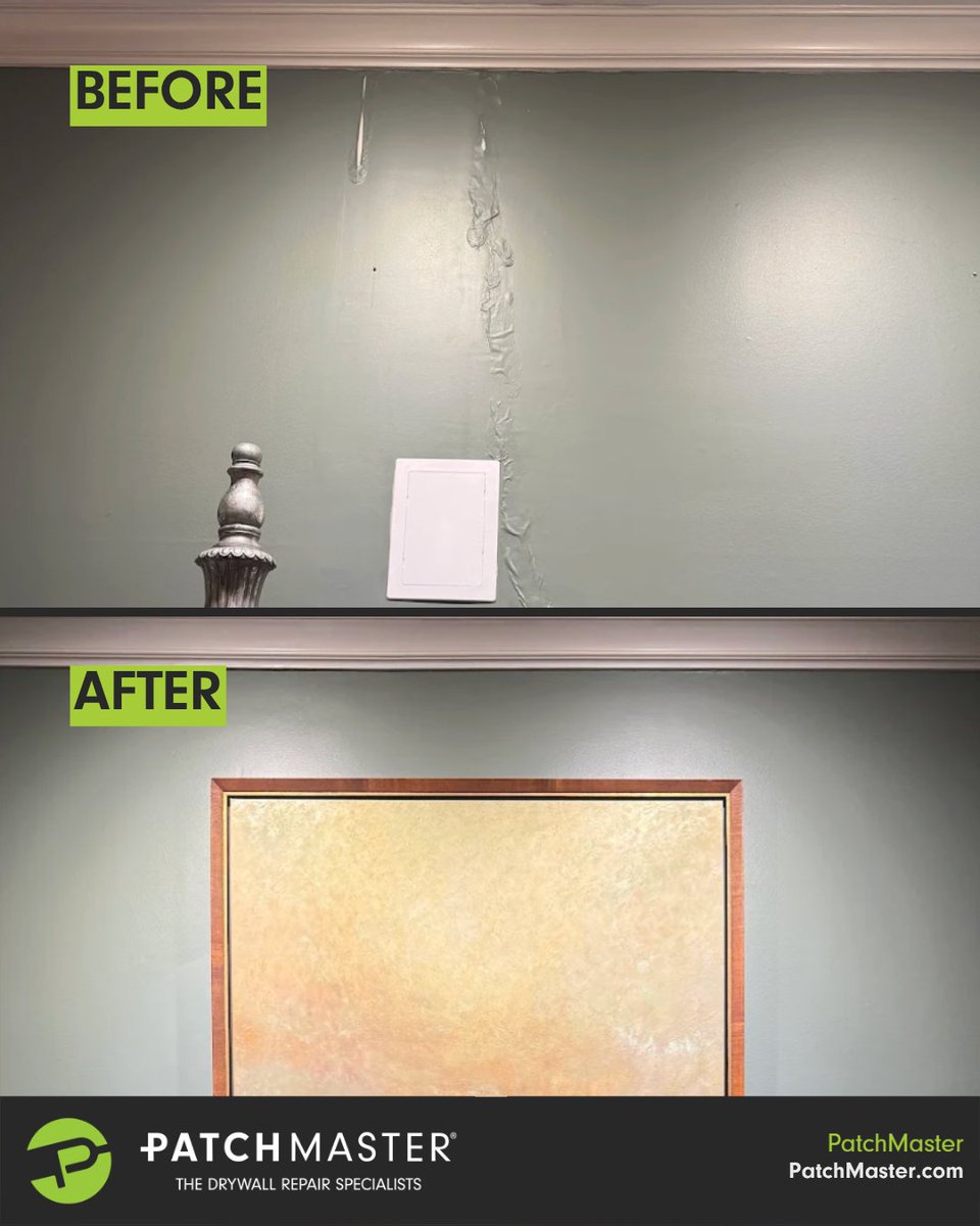 PatchMasterCorp's tweet photo. From careful patching to seamless blending, every step was handled with precision. The finished wall and ceiling show no signs of previous damage (even behind the picture frame). 

That’s the standard guarantee from PatchMaster drywall repair specialists. https://t.co/4wfUMLrEIL