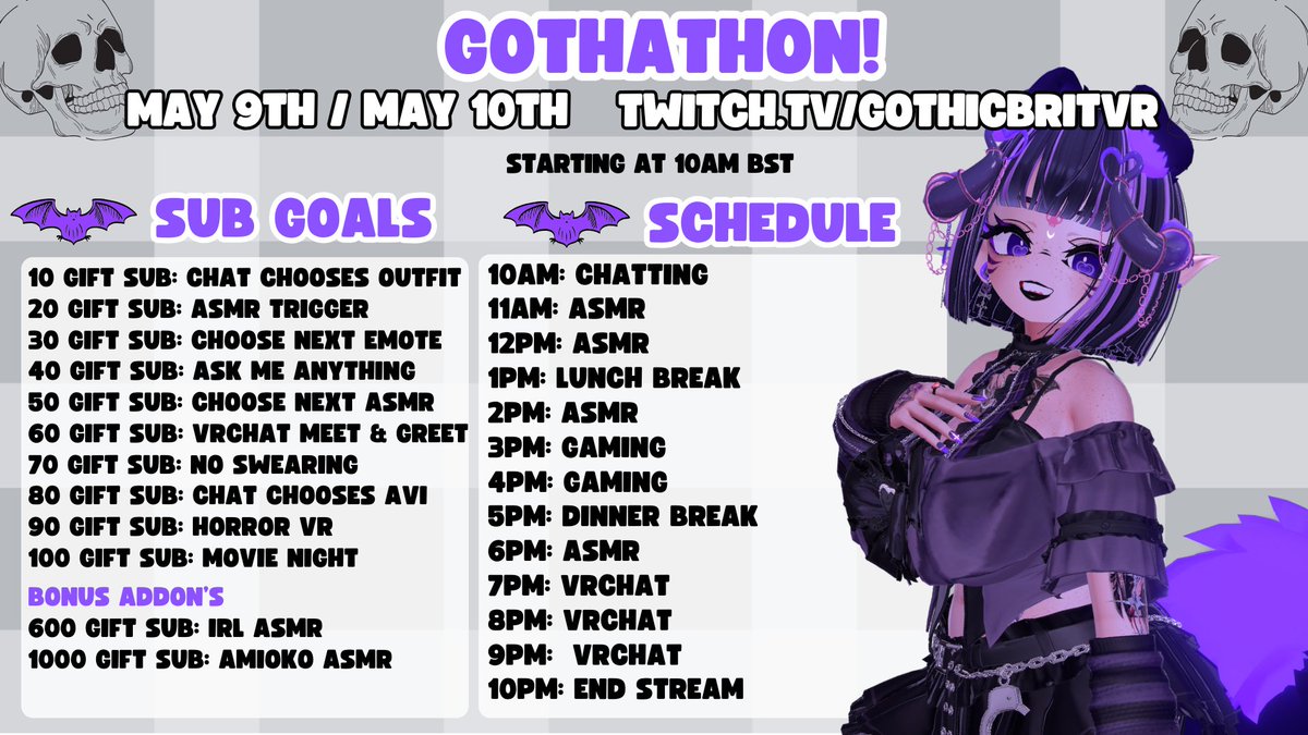 GothicBritVR's tweet photo. 💜GOTHATHON COMING SOON💜
#subathon #twitch #vtuber #streamer #stream #goth #gothic #gothgirl https://t.co/kBRw9sdp19
