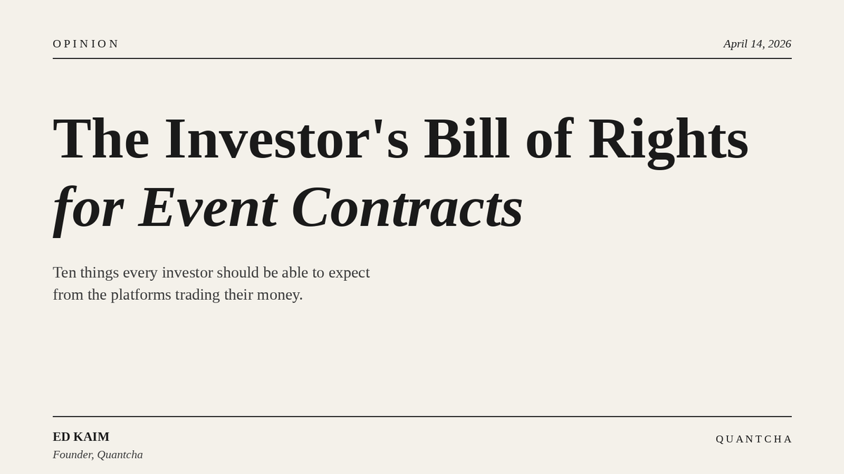 25% of one major prediction market platform’s volume was wash trading. At peaks, over 60%. (Columbia study.)

If the liquidity signal is fake, every decision you make on that data is noise.

I wrote a Bill of Rights for event contract investors. 🧵