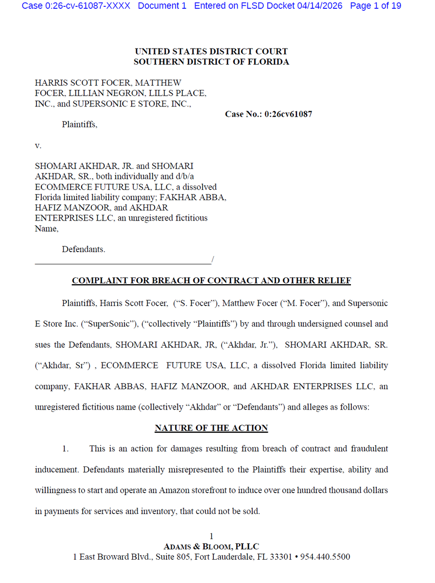 RobertFreundLaw's tweet image. Another "Amazon automation" service provider was sued today. 

Plaintiff says Ecommerce Future and its operators had proprietarty AI software that would track hot products that the store could sell fast.

Plaintiff says that in reality, the defendants just purchased their own