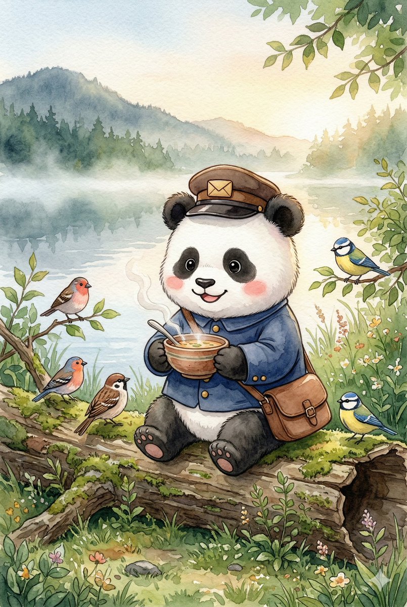 Panda_Studio_Ai's tweet image. あさです。
みずうみの うえに、しろい きりが かかっています。
あたたかい スープを のむと、からだが ぽかぽかしてきました。
　
#パンダ #panda #パンダ絵本 #てがみをとどけに