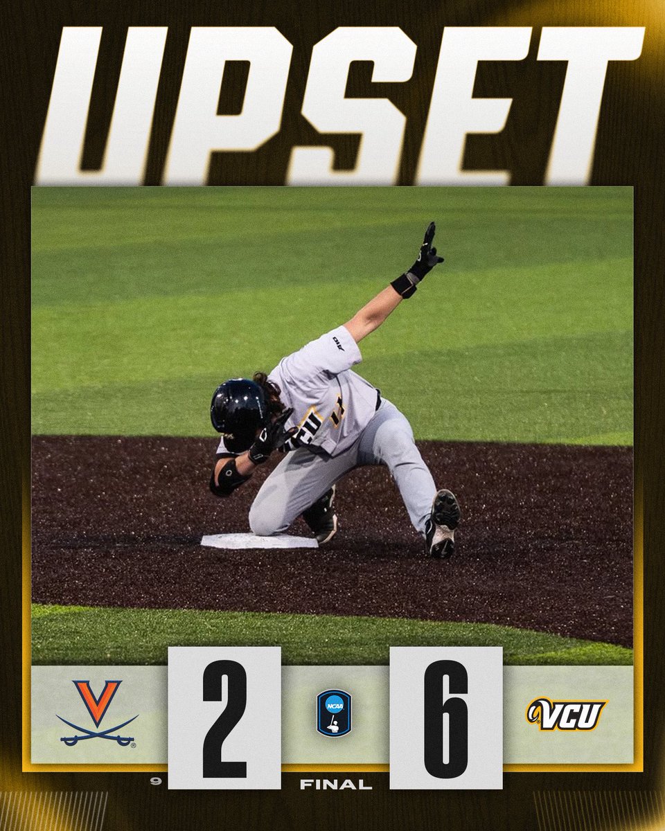 NCAABaseball's tweet image. A COMMONWEALTH CLASH GOES TO THE RAMS 🐏

@VCUBaseball takes the upset over No. 9 Virginia, 6-2!

#NCAABaseball
