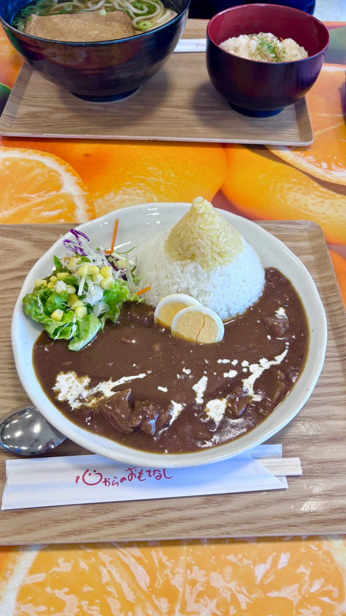 昨日は愛媛のお寺様へ。ＳＡでシトライスなるものに出会う⛰️🍛
石鎚山を模した、みかん風味のご飯と白ごはんのお山🍊美味しかったです😋