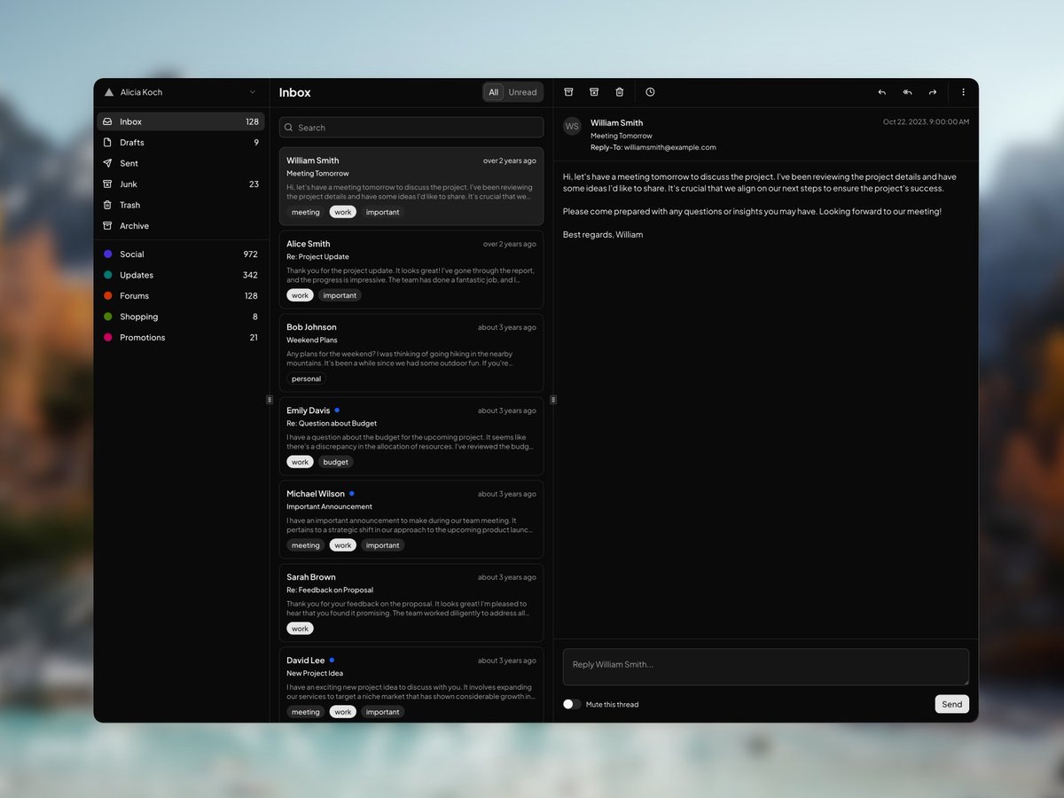 ShadcnExamples's tweet photo. Mail app template built with react, shadcn/ui &amp; tailwind.

https://t.co/HyUgD4JOSs https://t.co/boL0gwMFVQ