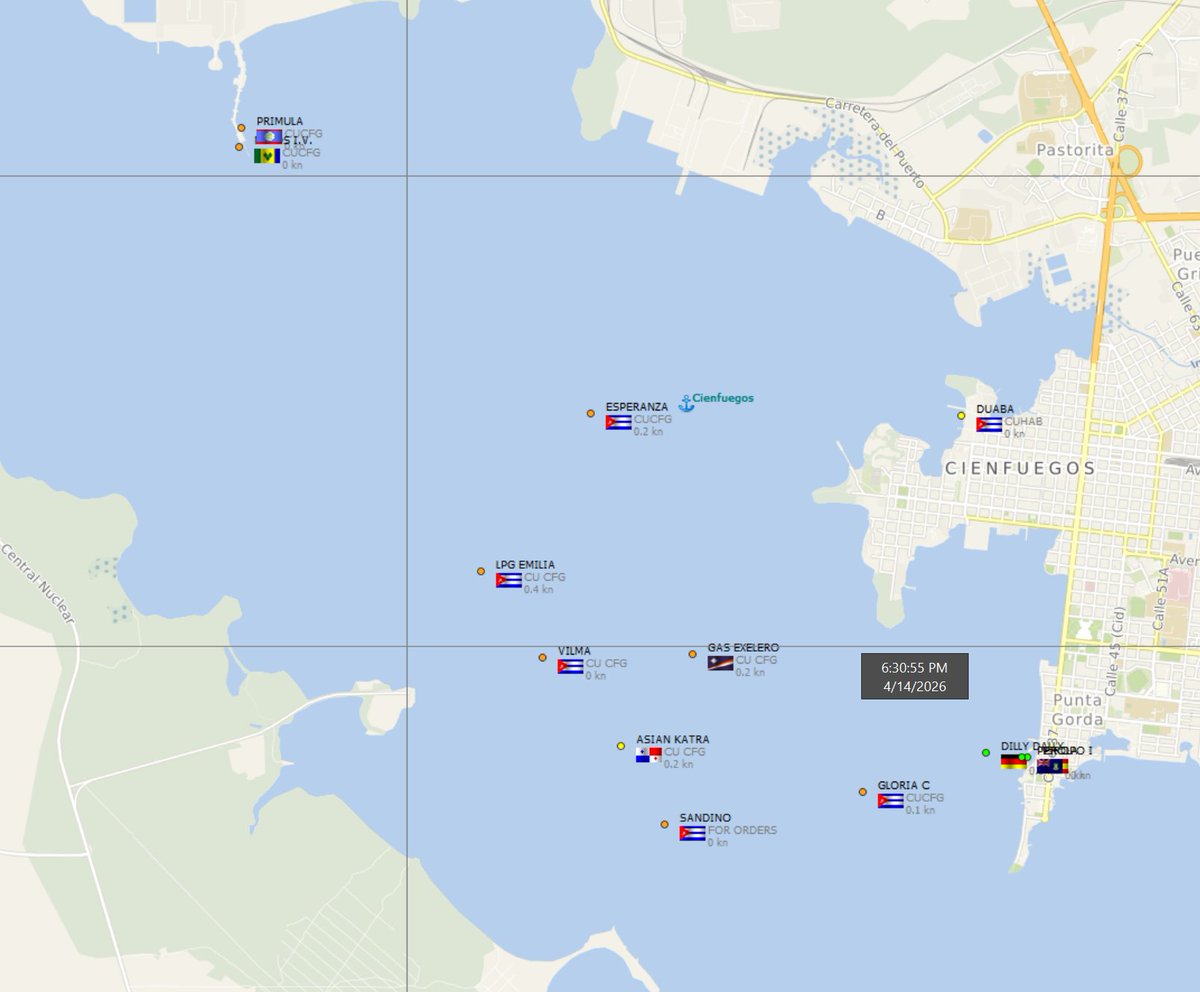 FlconEYES's tweet image. #Cienfuegos a esta hora. 
Fondeados en la Bahía de Jagua los tanqueros:
ESPERANZA 9289166
VILMA 9298961
SANDINO 9441178
GLORIA C 9540273
GAS EXELERO 9392042

En el espigón de la refinería:
PRIMULA 9038593
NICOS I.V 9103843
#Now #Cuba #AIS #cubarcos #14Abr