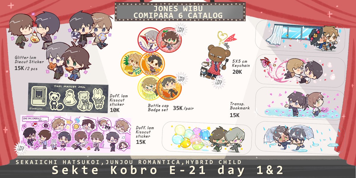 joneswibu's tweet image. (Part 1/2)
Hullo! Berikut katalog punya Jones untuk OTS #comipara6
🐼: 
Sekaiichi
Junjou
Hybrid Child
Undertale
Deltarune
Dolol
Mouthwashing
Gravity Falls
Vocaloid
Charisma House
Hypmic
PPG
HTF
Faith

Silakan mampir~
Sharing is very appreciated 🌼
#comipara6catalog #wtsnya_jones