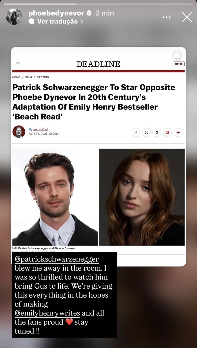 emilyhenryverse's tweet photo. Phoebe Dynevor via Instagram Stories:

“/patrickschwarzenegger blew me away in the room. I was so thrilled to watch him bring Gus to life. We’re giving this everything in the hopes of making @/emilyhenrywrites and all the fans ❤️ proud stay tuned !!” https://t.co/iwKOZOEi7I