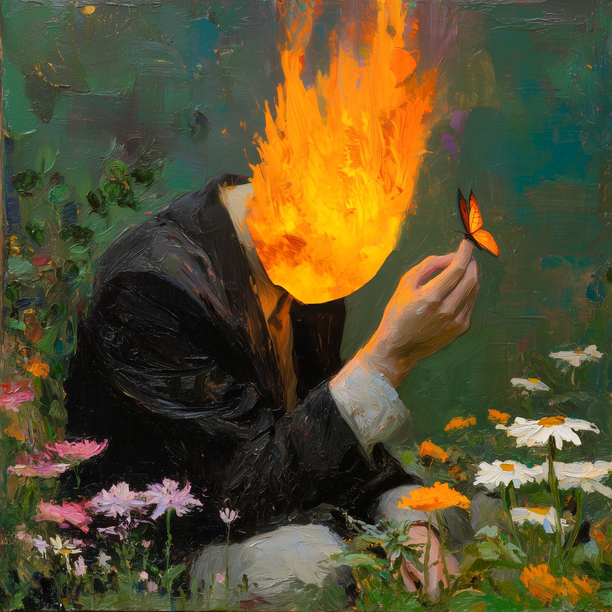 the flower, a tethered butterfly.