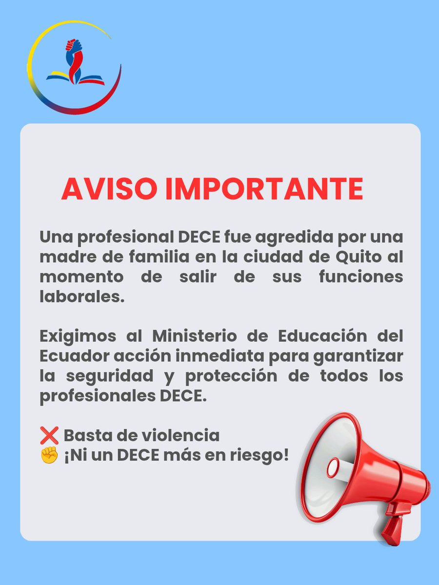 DecesEcuador's tweet photo. Necesitamos acciones inmediatas para garantizar la seguridad de los profesionales DECE 🇪🇨
@GildaAlcivarOk @Educacion_Ec https://t.co/7uay0TWQYw