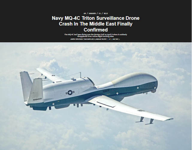 PressTV's tweet photo. US finally admits: A $238 million MQ-4C Triton, equipped with sensitive surveillance hardware, was lost in the Persian Gulf on April 9 following a sudden altitude drop that resulted in a complete tracking failure.

Follow: https://t.co/GKZwI4ehqL https://t.co/c1sRvxboIZ