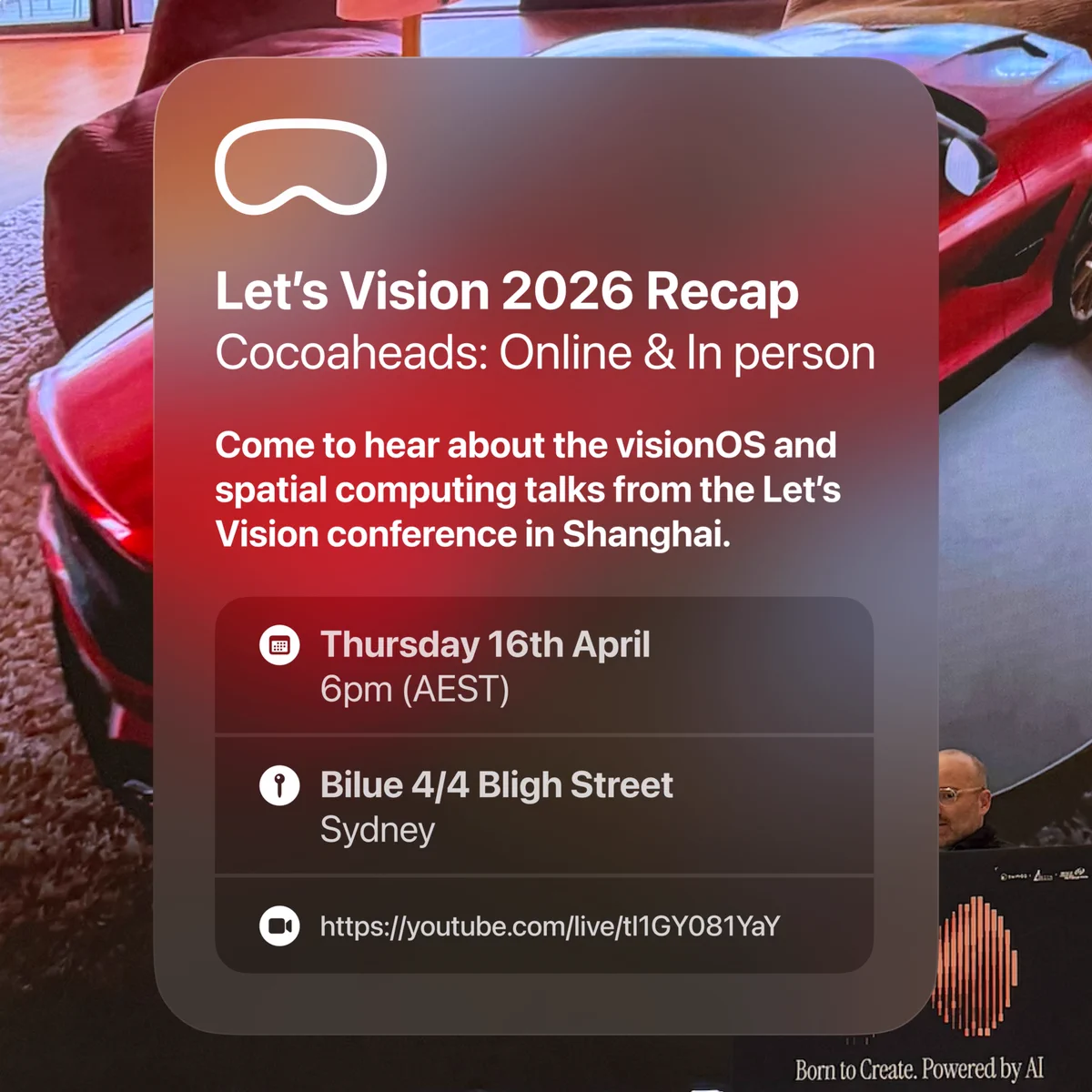 Frosted glass panel with information about the location 4/4 Bligh Street, Sydney and the YouTube url, in front of a red car on a slide with a conference speaker