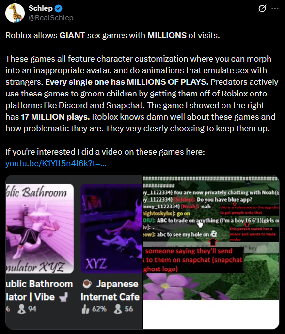 ExposingSchlep's tweet image. 🚨🚨Schlep FULLY deserved his Roblox ban.

On October 8th 2024, MONTHS before his ban @RealSchlep posted a screenshot of him asking a Roblox user if they have "blue app", purposely bypassing Roblox's filters for "Discord".

Schlep adds further context saying that he was "trying