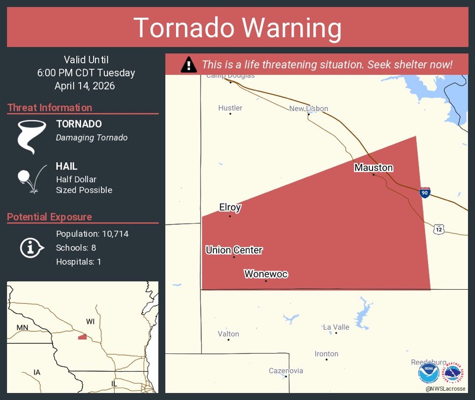 RandomstuffA2Z's tweet image. ⚠️ EXTREME WEATHER ALERT: A life-threatening PDS Tornado Warning is in effect for Union Center, Wisconsin. The National Weather Service has confirmed a damaging tornado is on the ground. Please get to your safe place immediately and stay away from windows. #WIwx #StaySafe