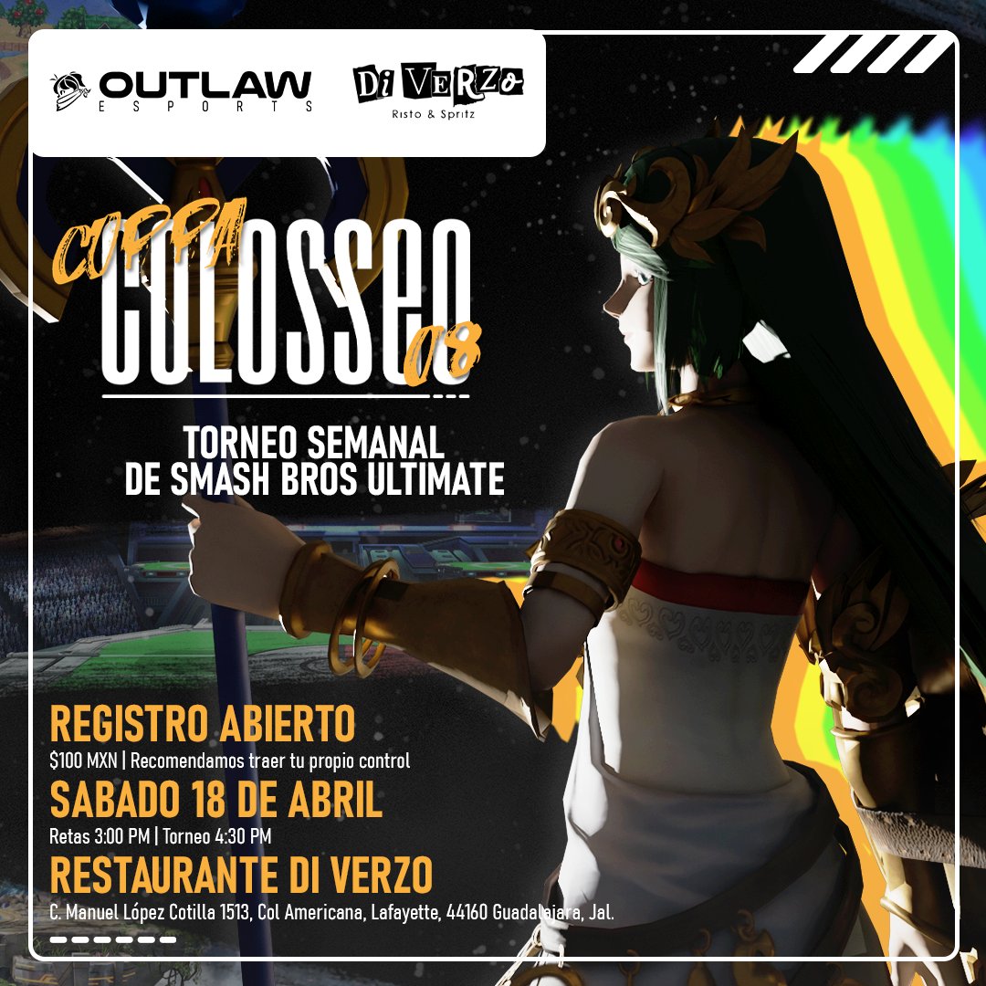 TheOutlawGG's tweet photo. ¡Los esperamos en nuestra octava edición de #CoppaColosseo! ⭐
📅 Sábado 18 de Abril (Retas 3:00p.m. y Torneo 4:30p.m.)
📍 Diverzo Risto & Spritz
🎮 Ultimate: $100
#BreakTheRules https://t.co/WVnX3YegcP