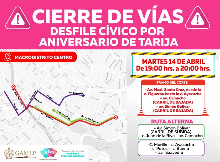 vision360_bo's tweet image. 🟠#Visión360 l La Alcaldía de La Paz comunica el cierre temporal de vías en el centro de la ciudad debido al desfile cívico por el aniversario del departamento de Tarija, celebrando la histórica Batalla de la Tablada de 1817.
#Tarija #Desfile