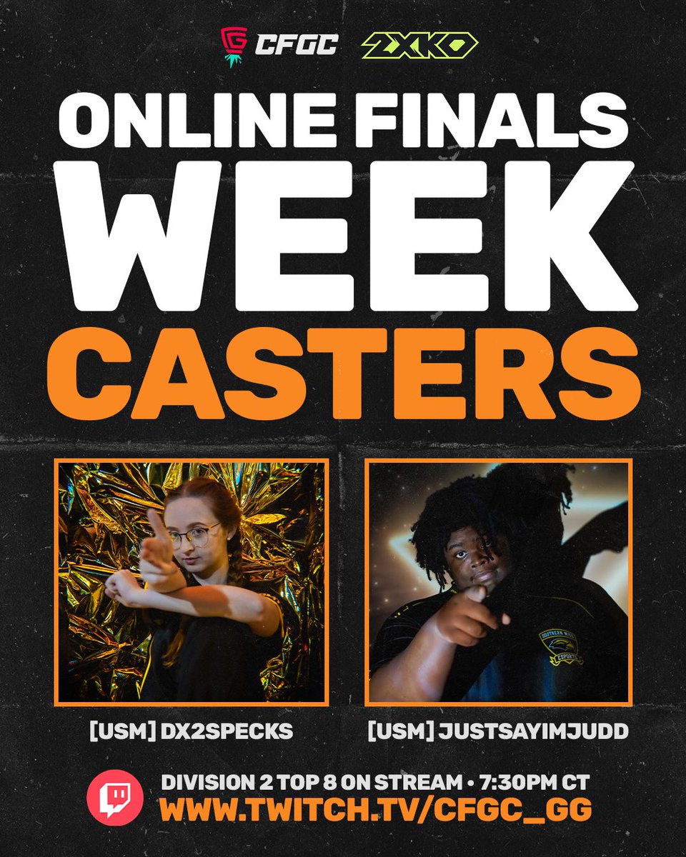 CFGC_gg's tweet image. Continuing Online Finals TONIGHT with some @Play2XKO 💛

For our lovely Student Casters, we got a @USMesports Stream Edition!

@JustSayImJudd &amp;amp; @dx2_pyro 
Around 7:30PM CT, tap in! 🔥
twitch.tv/cfgc_gg

#CFGC #FinalsWeek #2XKO