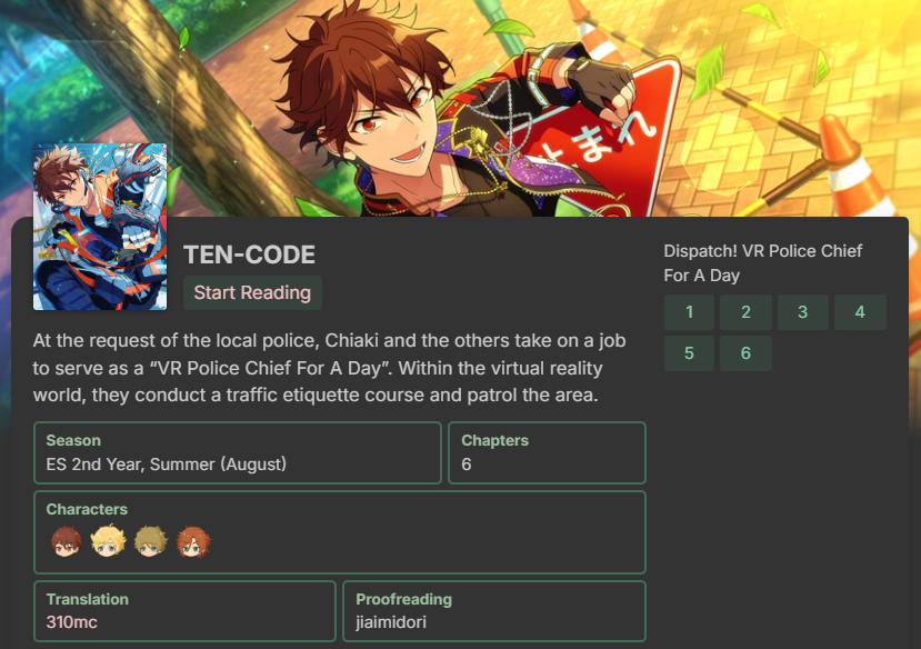 🛑 Enstars Scout Story Translation: TEN-CODE 🏍️

※ Gacha Story Featuring: Chiaki, Sora, Midori, Madara
※ Proofreading by jiaimidori

➡️ Read it here: 310mc.github.io/ten_code/