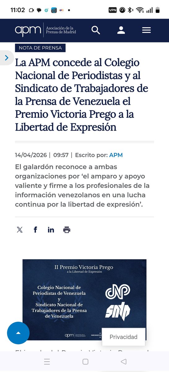 andresraulpaezp's tweet image. @ReporteYa Merecido reconocimiento Jurado "Premio Victoria Prego" @aprensamadrid a equipos #CNP @cnpven y del #SNTP @sntpvenezuela en la permanente lucha contra la censura y detenciones arbitrarias #periodistas y trab #Prensa en #Venezuela por tiranía y hegemonía comunicacional