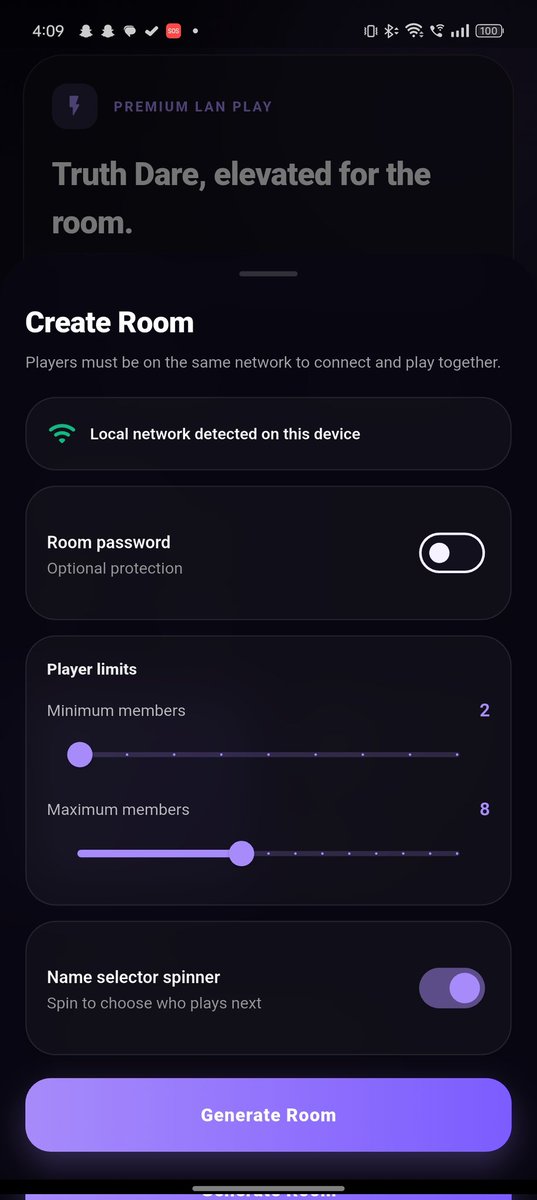 TheMayank005's tweet photo. Excited to share SpiniX — a local network multiplayer Truth or Dare app built for real-life groups, parties, and same-Wi-Fi play. 
Key features:
• Host-controlled lobby with player limits
• Spinner mode for random player selection
• Anonymous truth/dare prompts
And much more.. https://t.co/dbrkxmMyMV