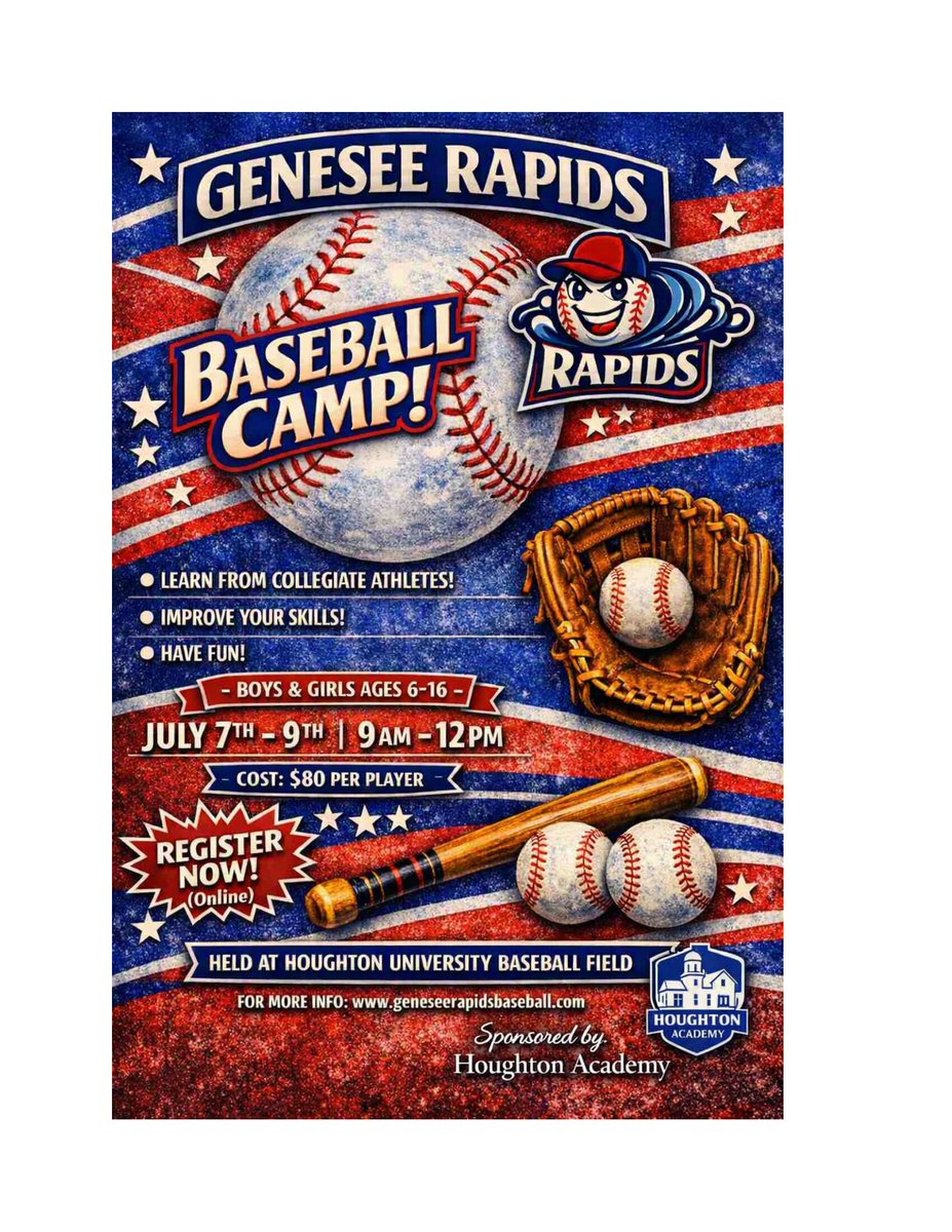 GeneseeRapids's tweet photo. Thanks to Houghton Academy for their sponsorship of this year's Kids' Camp.  Camp will be July 7-9 for ages 6-16.  Head to https://t.co/pwpNloBKcF for the registration form and more information. https://t.co/zJJPKGi9AW