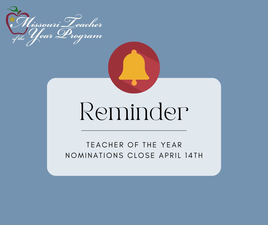 MOEducation's tweet image. ⏰ A few hours left!

Today is the final day to nominate a Missouri educator for Teacher of the Year. Don’t miss the chance to recognize a teacher who made a difference.

Submit before the deadline tonight:
ow.ly/4VnJ50YBc5f

#DESETeacherOfTheYear #WhatWeDoMatters