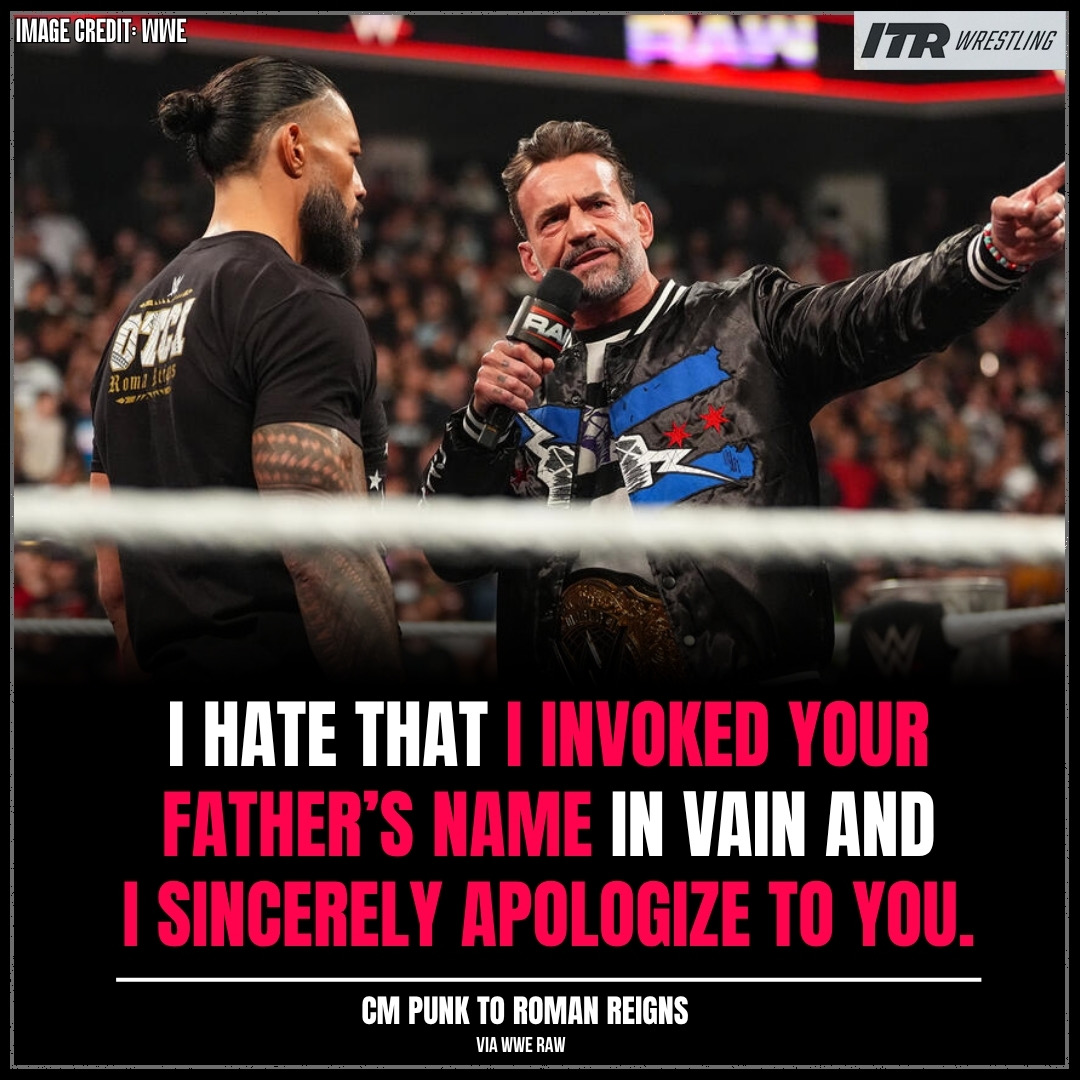 ITRWrestling_'s tweet image. #CMPunk owns up and apologizes to #RomanReigns for mentioning his late father 👀
#WWE