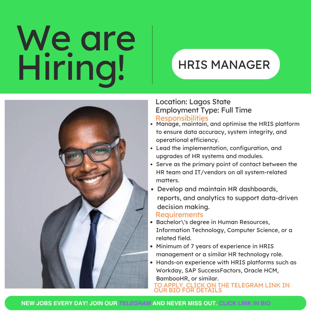 AssisttohireNow's tweet photo. Are you an HR tech expert who loves turning complex data into seamless experiences?
Join our Telegram Channel to apply.
Click here: https://t.co/ldpjwtOb9z
OR the link in our bio
#HRISManager #FintechJobs #LagosJobs #HRTech #DataAnalytics #HiringNigeria #IkejaJobs https://t.co/kSueXPiW1Y