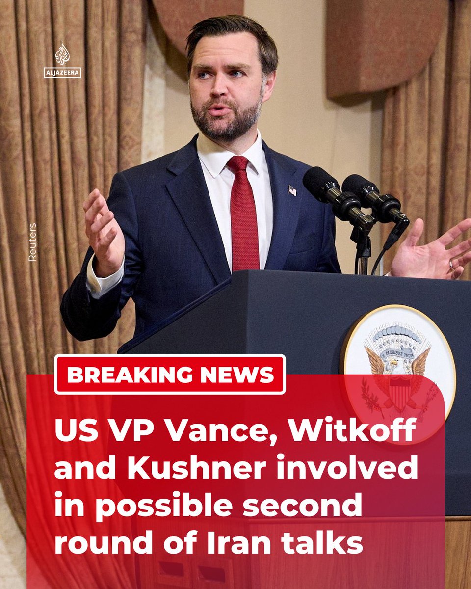 AJENews's tweet photo. BREAKING: US Vice President JD Vance is expected to lead a potential second round of Iran talks, joined by US envoy Steve Witkoff and former White House adviser Jared Kushner, according to CNN. https://t.co/8EHeJo95e9