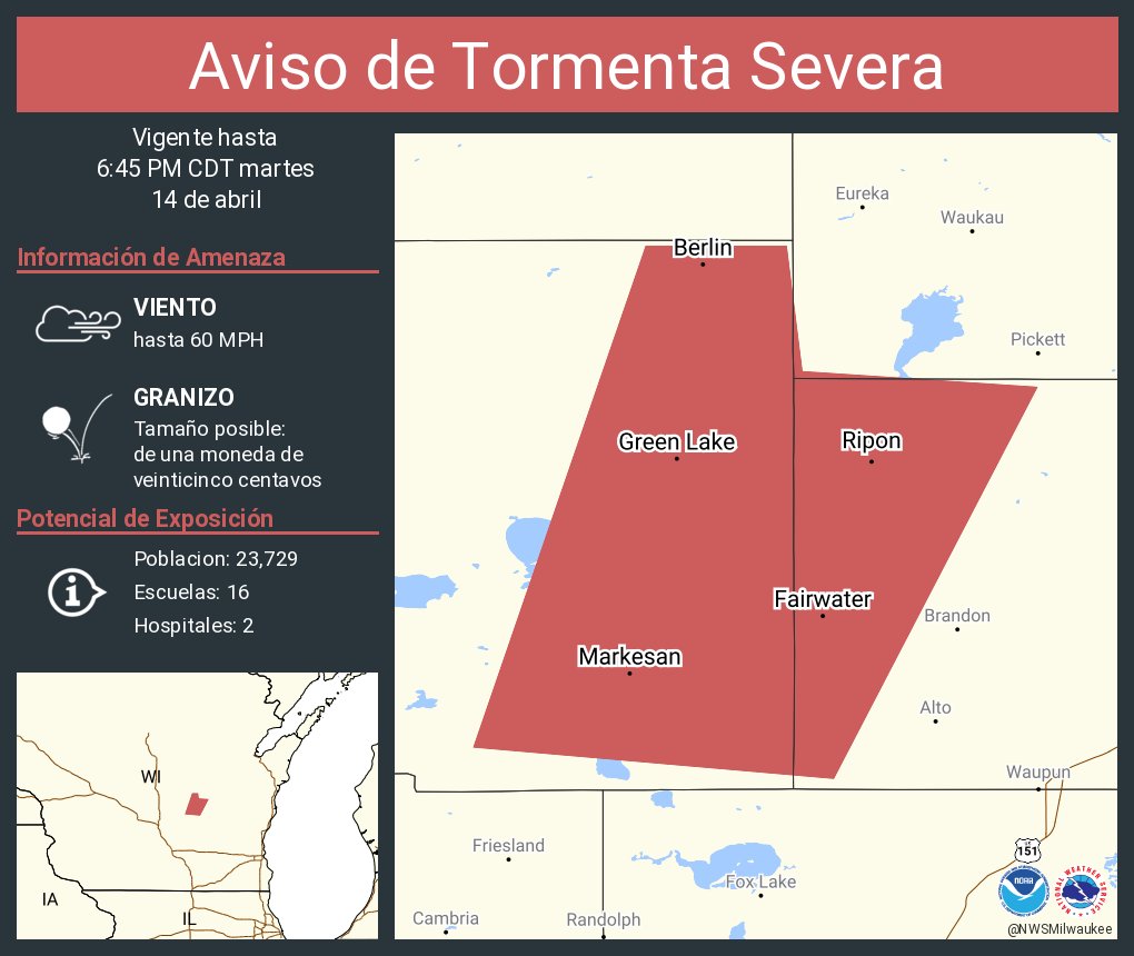 NWSMilwaukee's tweet image. Aviso de Tormenta Severa incluye Ripon WI, Berlin WI, Markesan WI hasta las 6:45 PM CDT