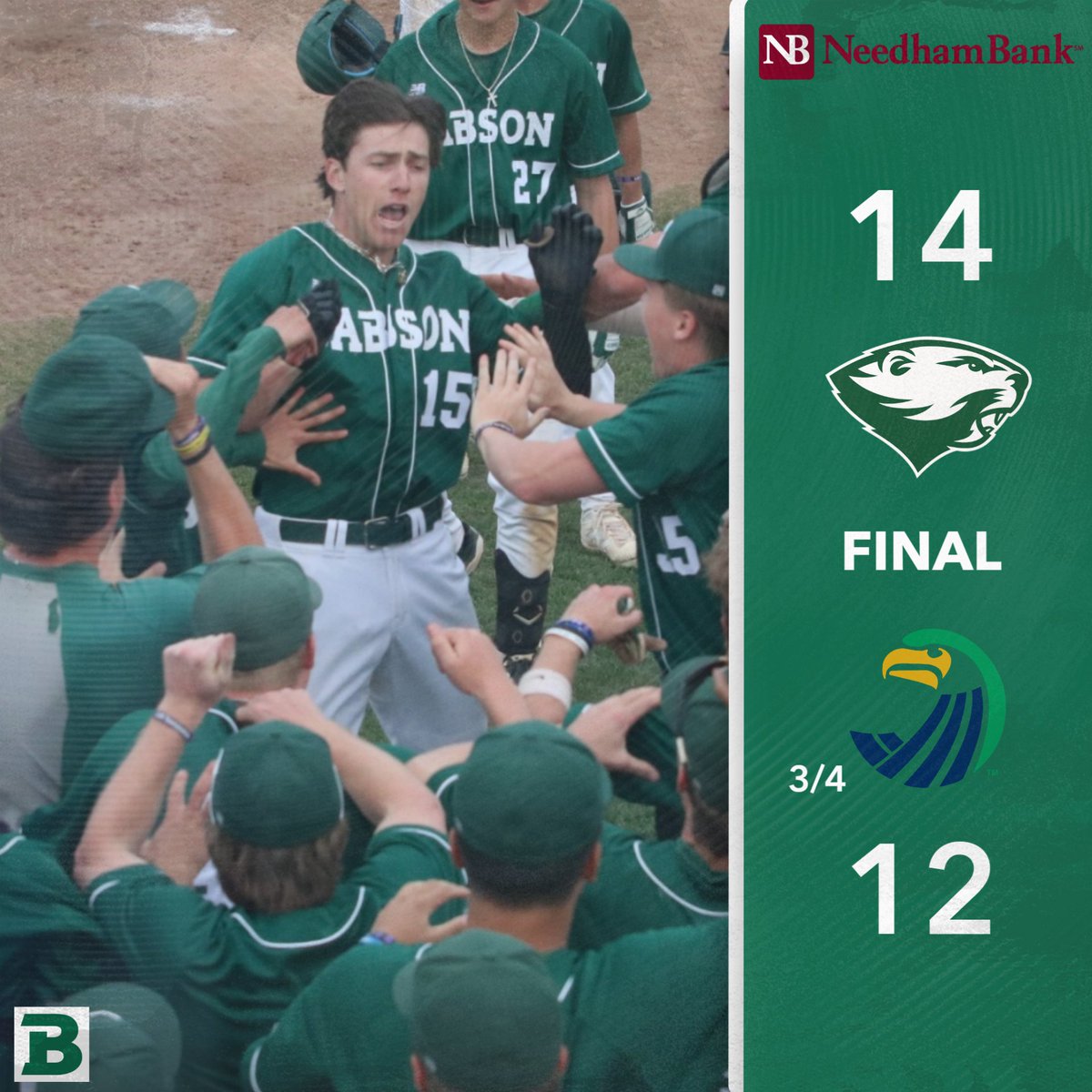 BabsonAthletics's tweet photo. Owen Stephens, Dante D'Avanzo, Bobby Christensen all homered and Ryan Liss hit a pinch-hit grand slam in the bottom of the 8th as @BabsonBaseball rallied to beat No. 3/4 @SalveAthletics 14-12 on Tuesday at Govoni Field. #GoBabo #d3baseball https://t.co/LCnHE4PqMs