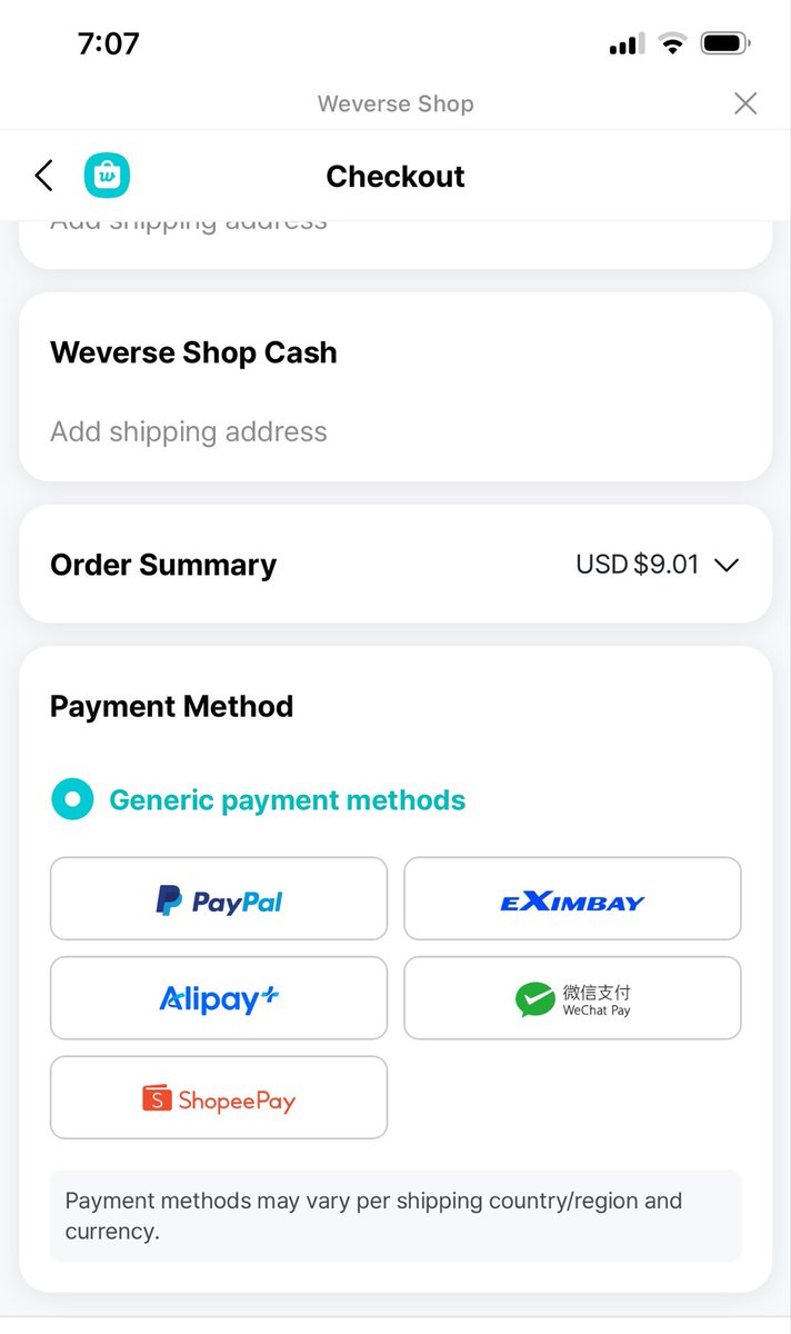 PenarandaRhea's tweet photo. SKL so I was trying Weverse shop then sa pag scroll ko e trtry ko mag purchase then nakita ko pwede pala ShopeePay? Matagal na ba Ito? Sorry first timer ang person #Weverse https://t.co/VyhBds3R1E