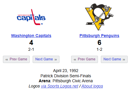 hockey_vintage's tweet photo. 34 years ago today ON THIS DAY in hockey history (April 23, 1992):

Mario Lemieux has 3 goals/3 assists as the @penguins beat Washington 6-4, with Scotty Bowman picking up his 115th career playoff win to pass Al Arbour (114 wins) for most wins by a Head Coach in playoff history https://t.co/a7AoIbI1qQ